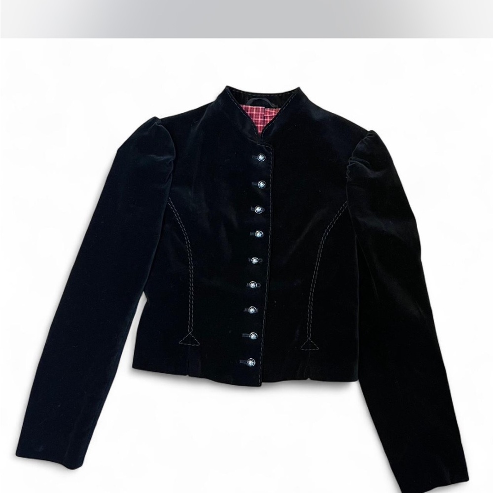 Vintage black velvet military jacket with a red gingham lining